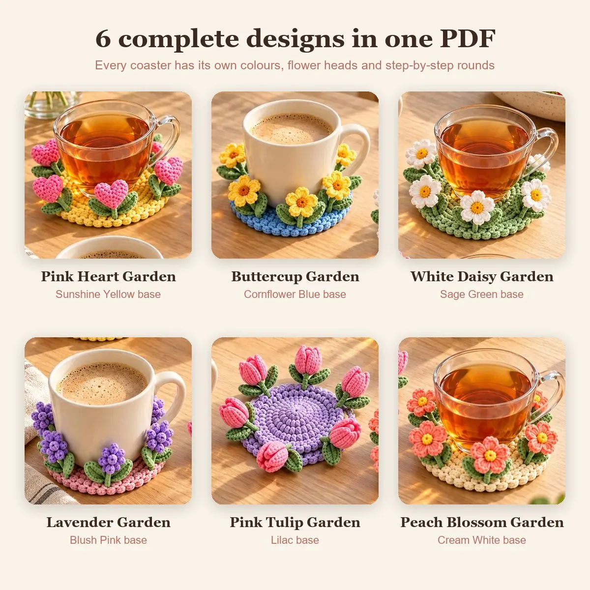 Pop-Up Flower Coaster Crochet Pattern – 6 Garden Designs – photo 3