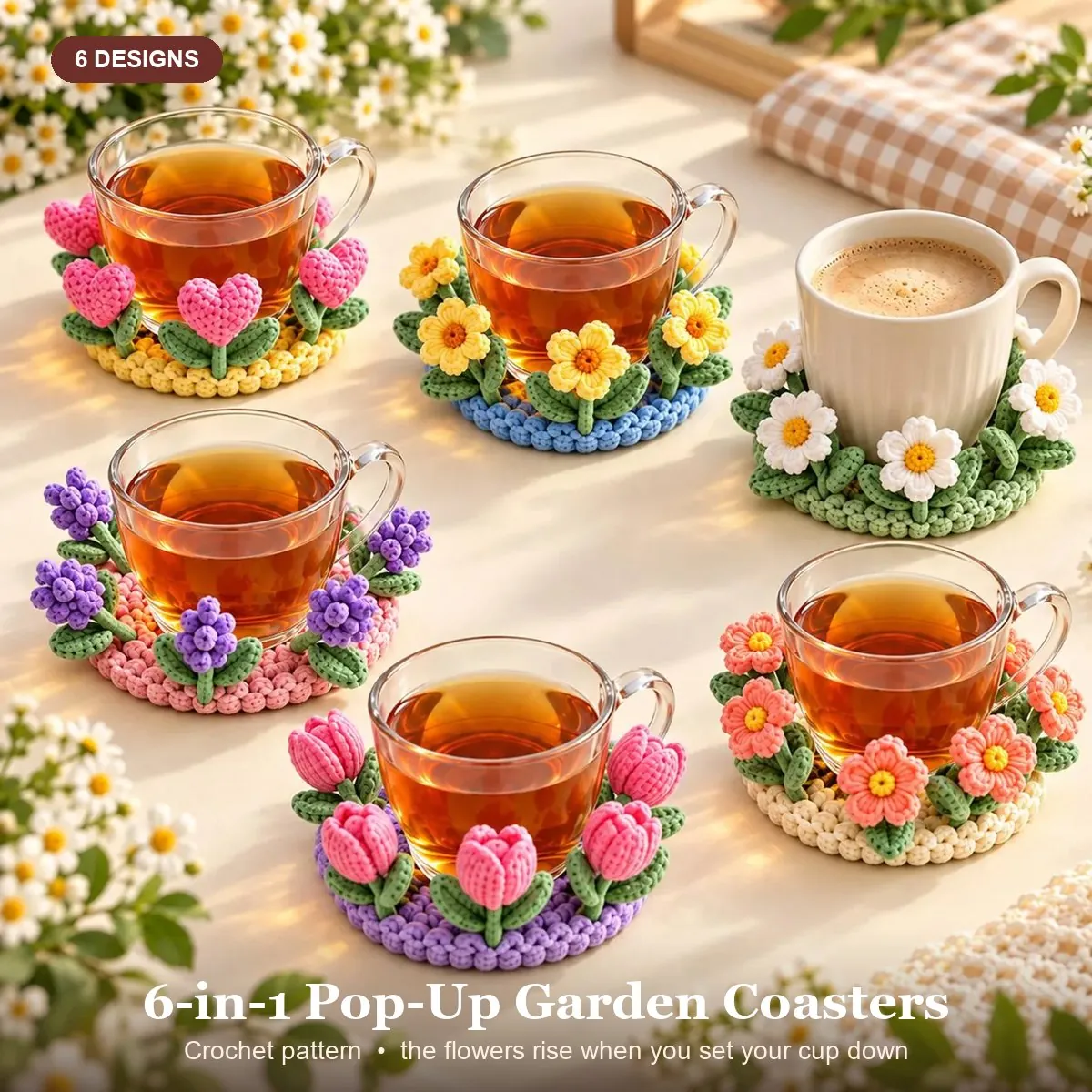 Pop-Up Flower Coaster Crochet Pattern – 6 Garden Designs