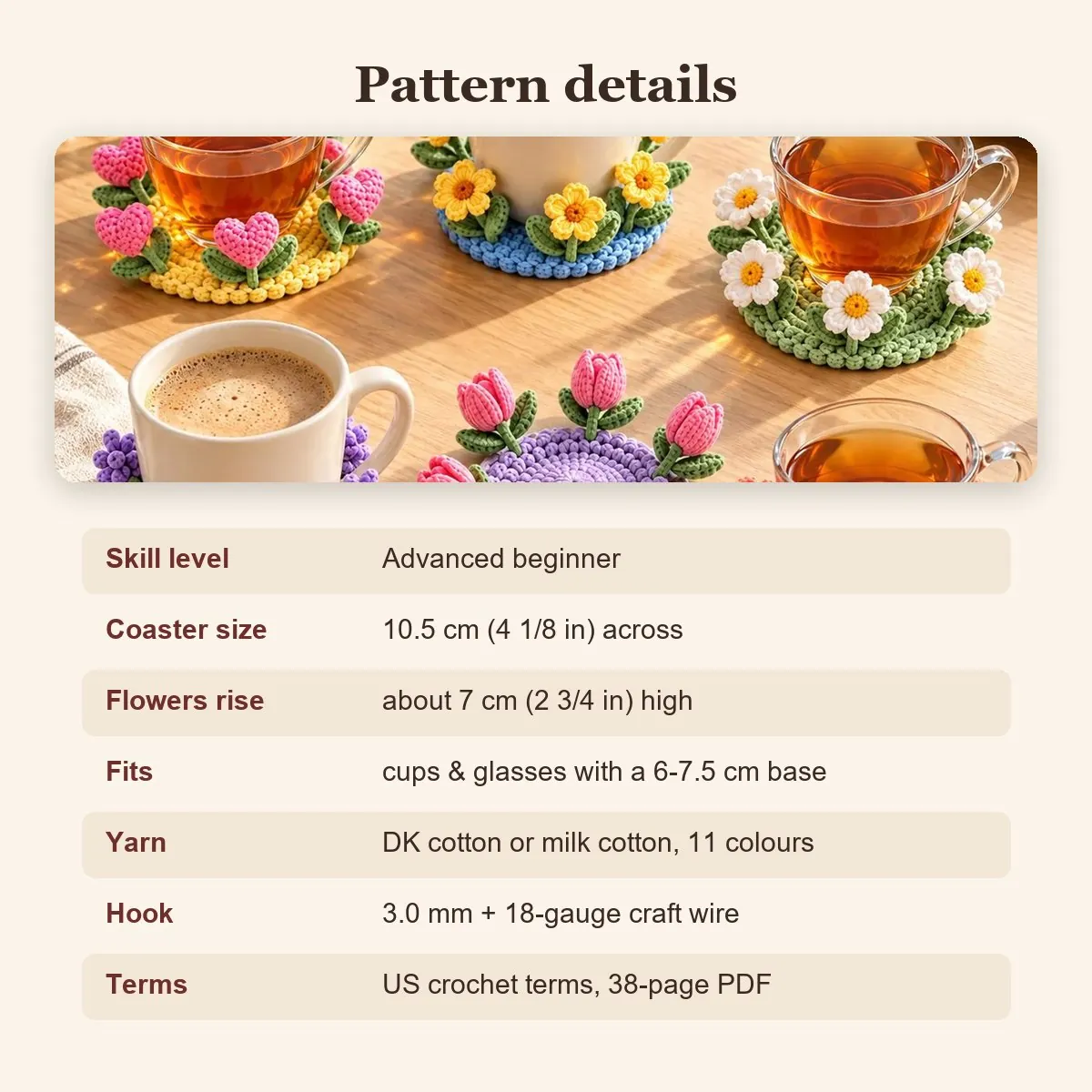 Pop-Up Flower Coaster Crochet Pattern – 6 Garden Designs – photo 7
