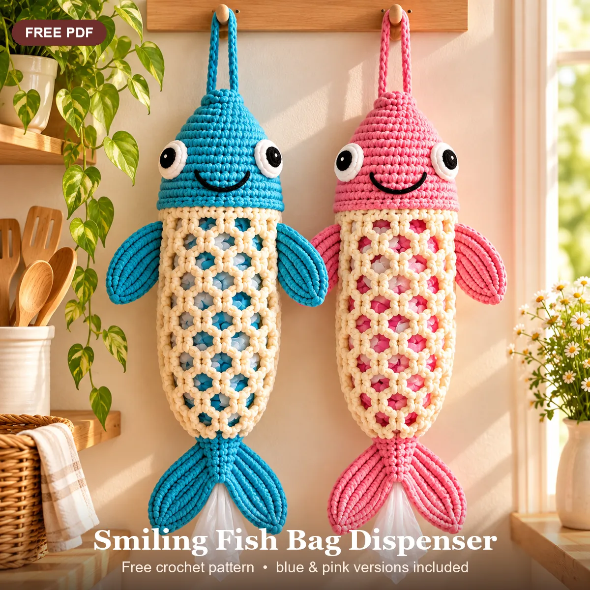 Smiling Fish Crochet Plastic Bag Holder – Free Pattern PDF