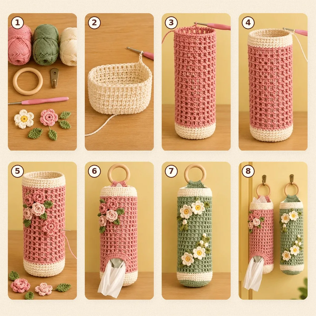 Crochet Mesh Bag Holder with Roses & Daisies – Free Pattern – photo 4