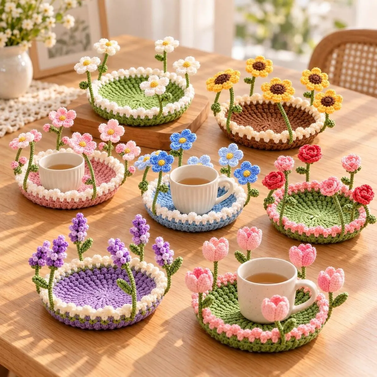 Crochet Flower Coaster Pattern – 3D Tulip, Daisy & Sunflower